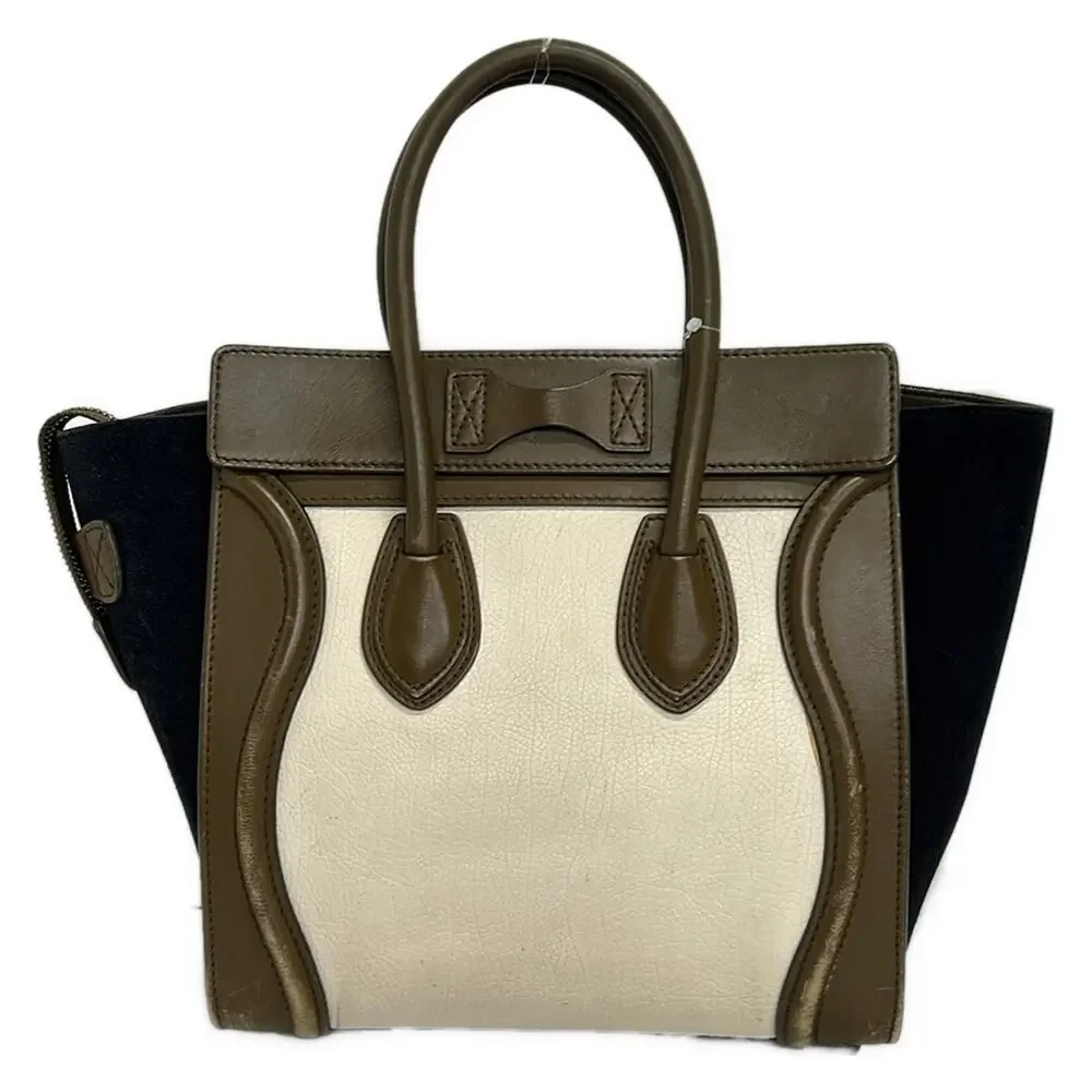Celine Luggage Micro Shopper Handbag Dark Brown Beige Dark Navy Bullhide